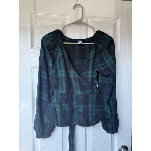 Old Navy Green Navy Plaid Wrap V Neck Blouse Small Christmas Winter Holiday - Picture 1 of 3